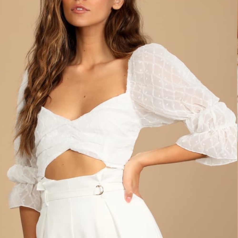 White Puff Sleeve Swiss Dot Cutout Bodysuit